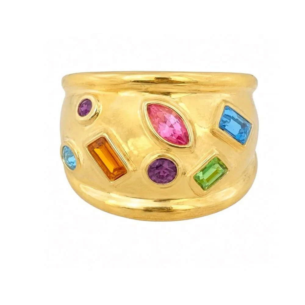 Vintage 1980s Ring Size 8 DG Multi Color CZ Wide Gold Plated Band - 14T